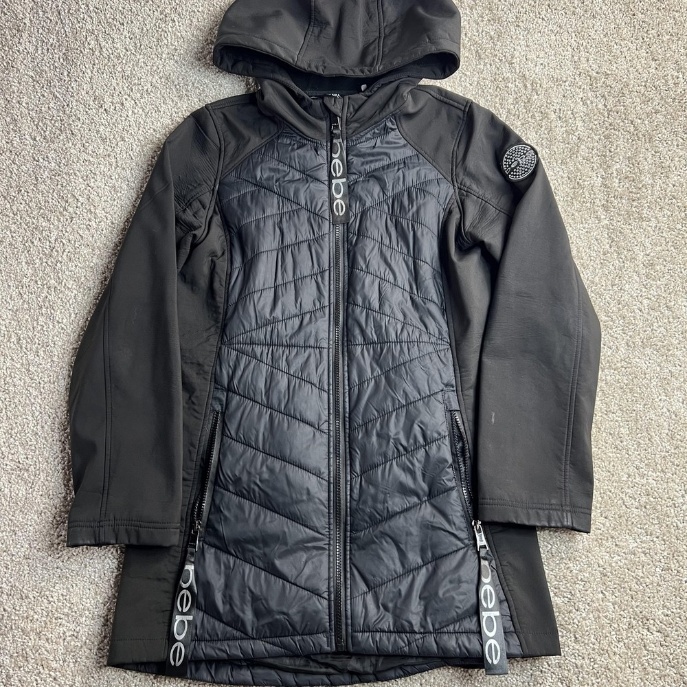 Bebe Sport Coat Womens Large Black Hooded Softshell Quilted Puffer Mid Length